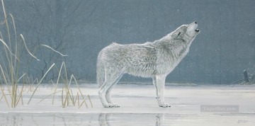 動物 Painting - 雪の中で遠吠えするオオカミ